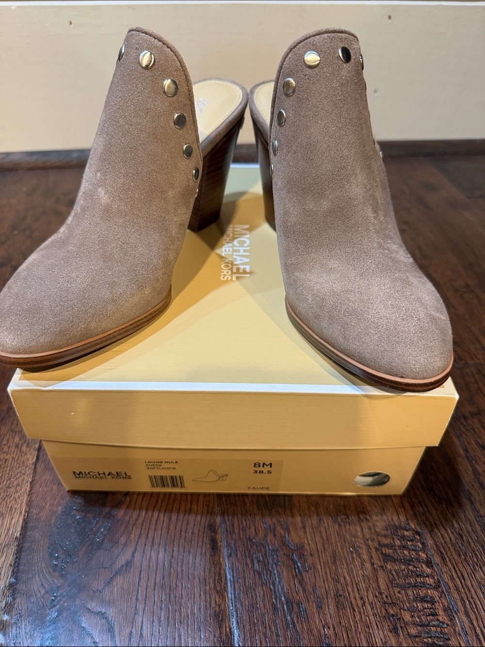 MICHAEL Michael Kors Taupe Suede Studded Block Heel Mules
